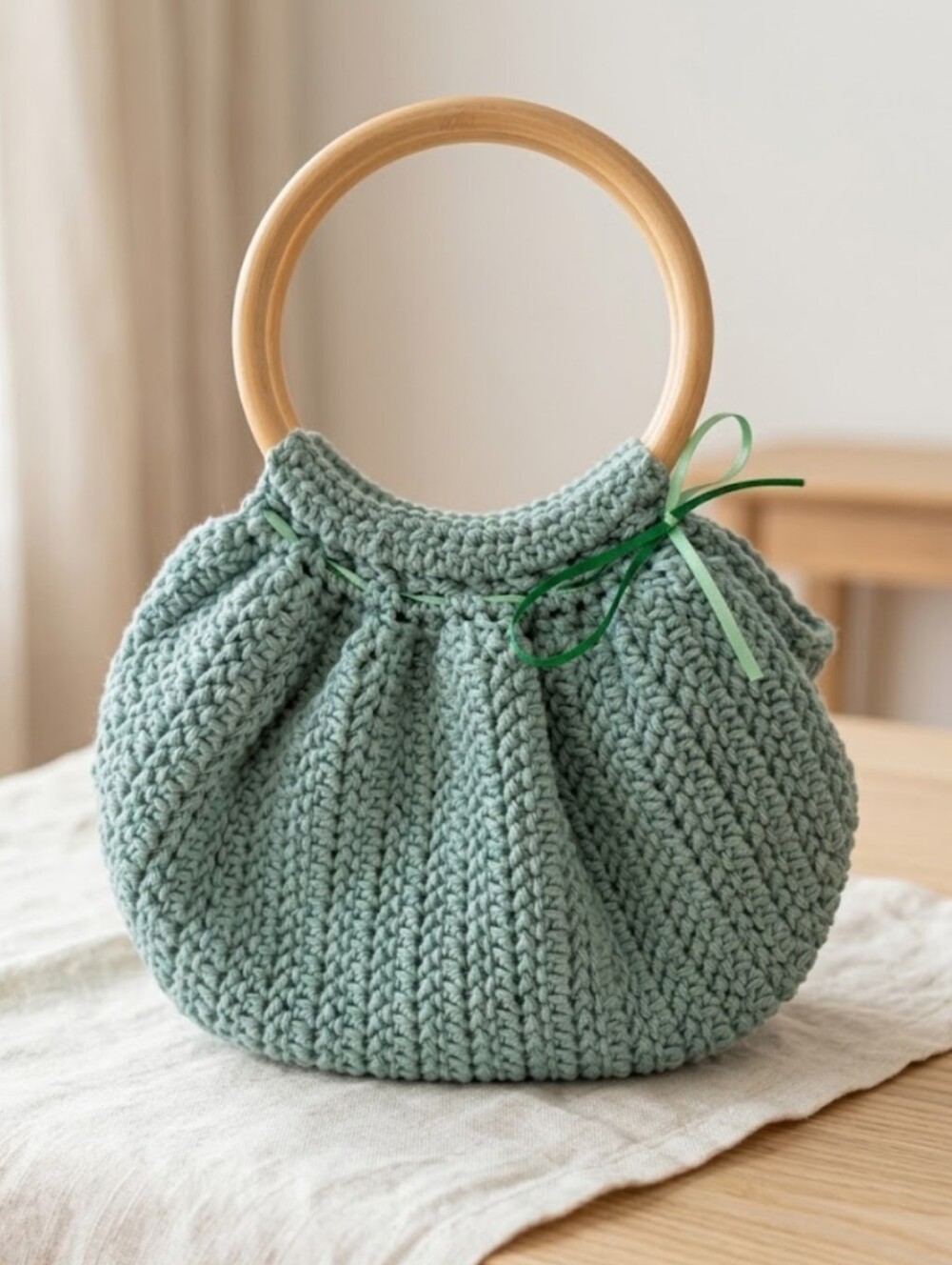 Handmade Seafoam Green Crochet Ring Handle Bag